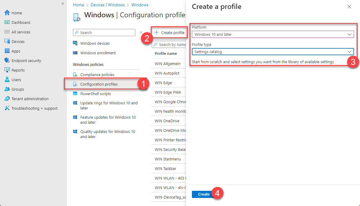Creating a new Settings catalog configuration profile in Intune
